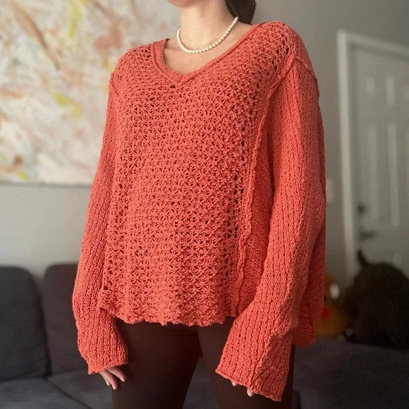 Free People V-Neck Crochet Boho Sweater - Burnt Orange - Size M - Picture 3 of 12